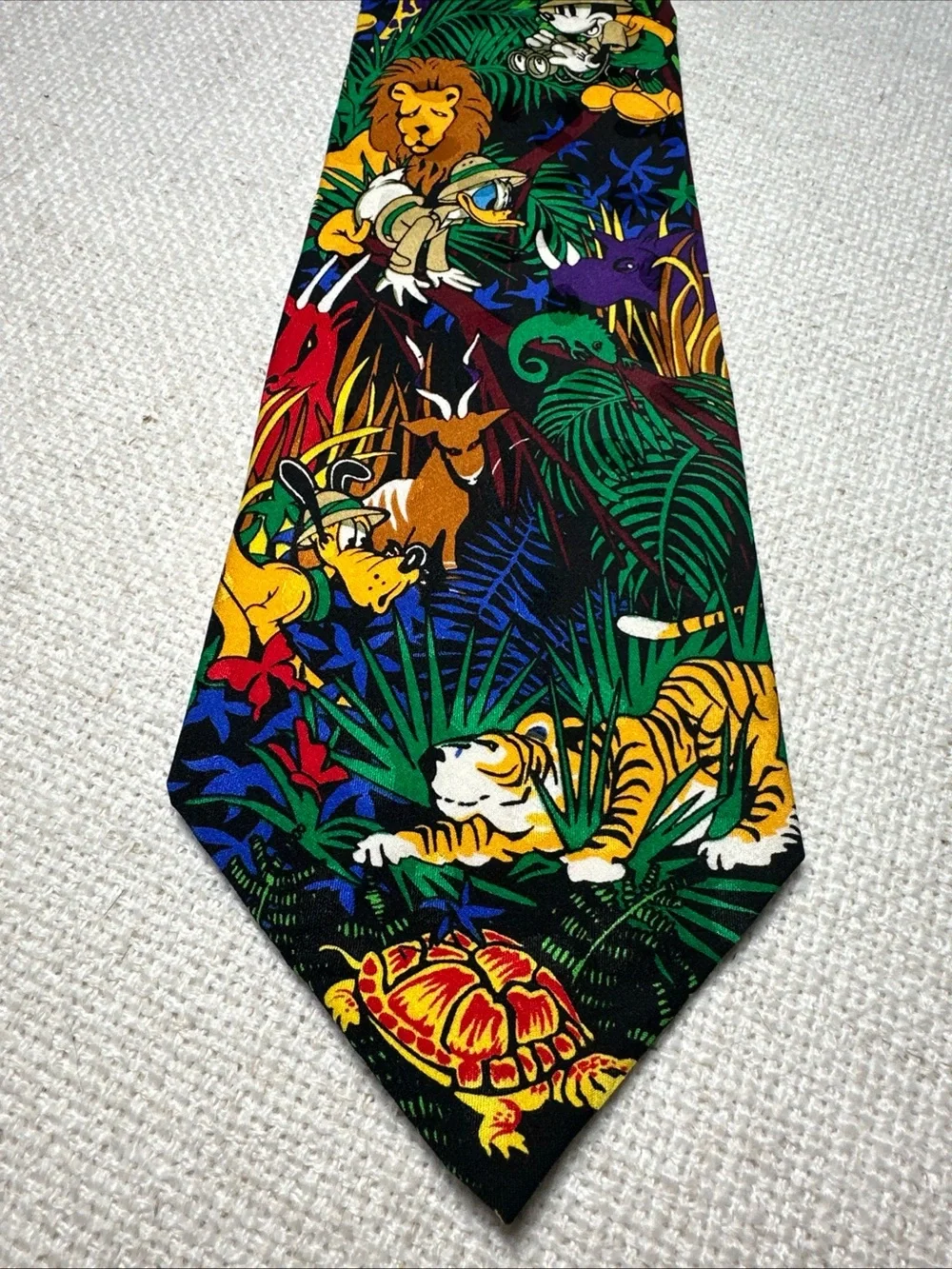 Disney Jungle Animal Print Tie in Green, Blue, Yellow, Red, Black 100% Silk